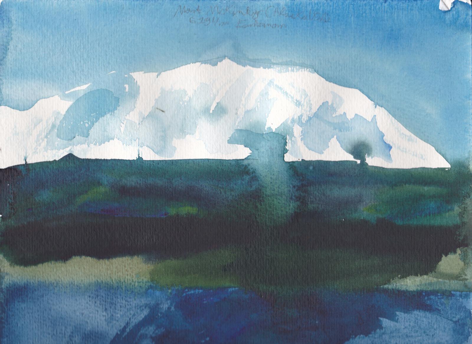 Le Mont McKinley, point culminant de l\'Amrique du Nord  6194m d\'altitude, et ses gros glaciers puis forets et lacs d\'Alaska.
